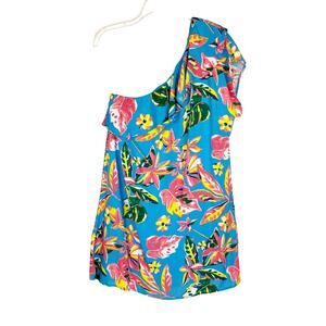 Emily Wonder Bright Blue Tropical Floral Print One Shoulder Dress Sz Medium